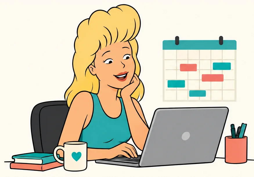 Illustration of Luanne, smiling at her laptop beside a calendar with meetings blocked in.